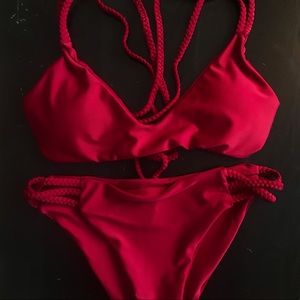 🔥HOT ITEM SHEIN Red Wine Braided Bikini Set